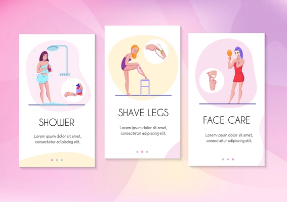 Feminine hygiene info cards flat banners set with face care legs shaving and shower tips vector illustration