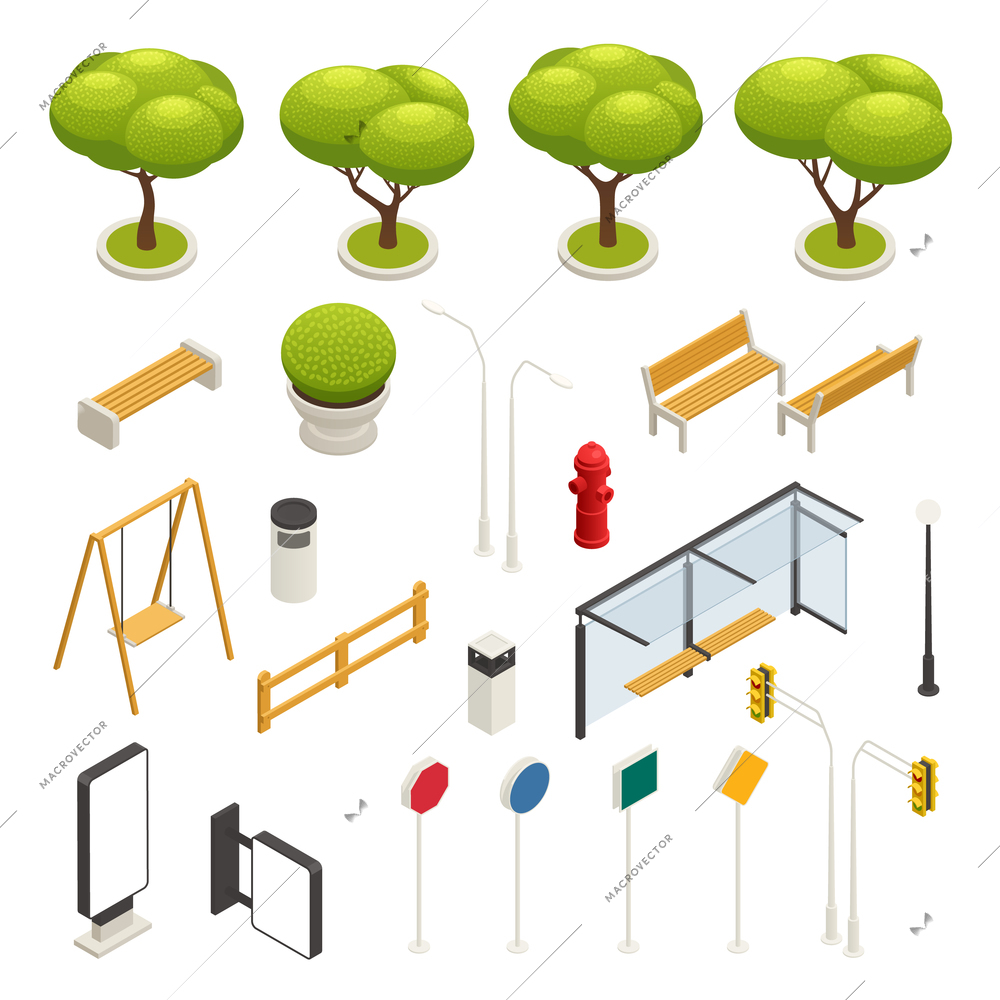 City map elements constructor isometric icon set swings road signs trees benches bus stop vector illustration