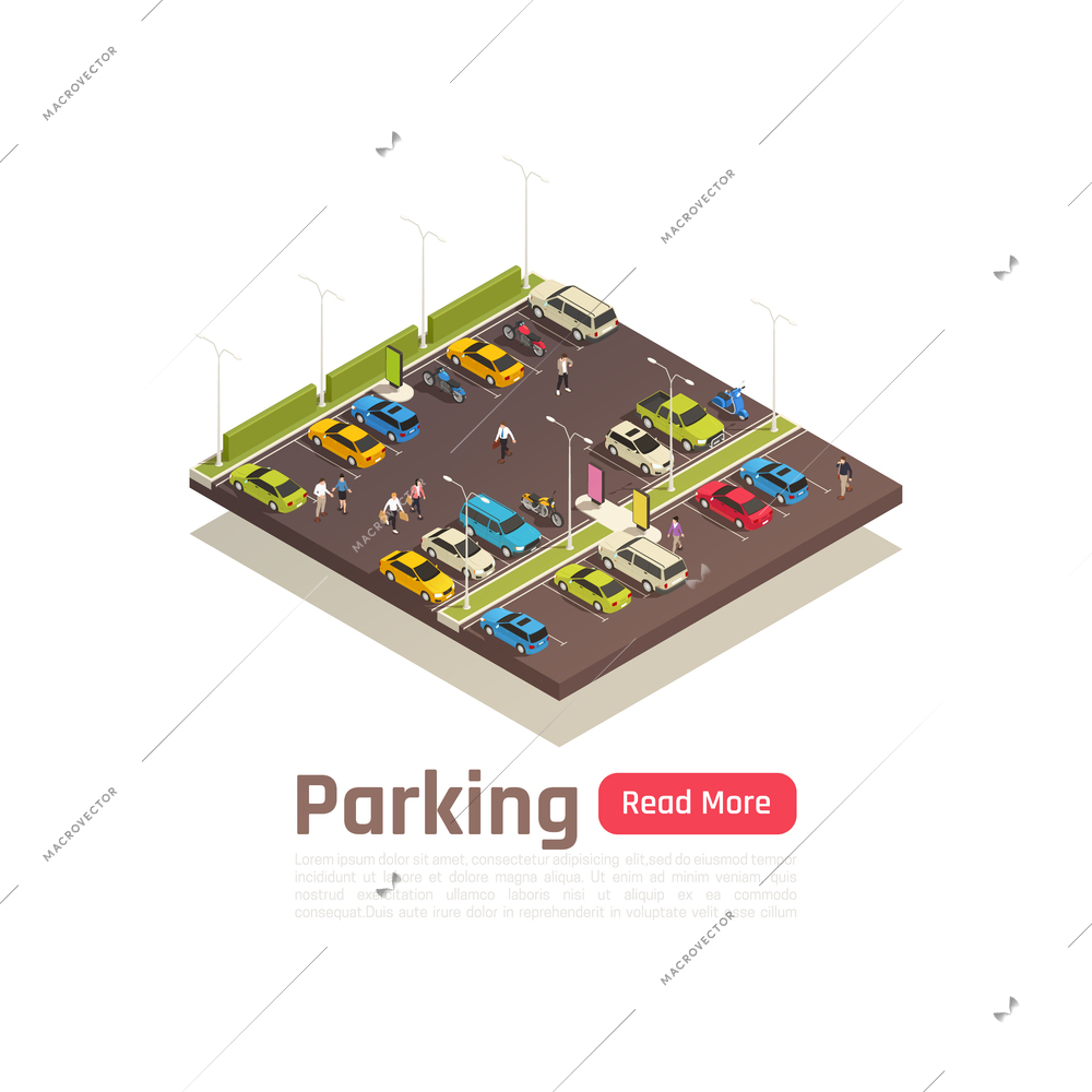 Isometric and isolated city composition with parking description and read more button vector illustration