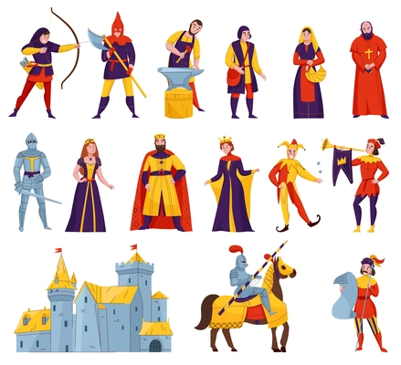 Medieval tales characters flat set with archer blacksmith king queen horn blower bishop warrior knight castle vector illustration