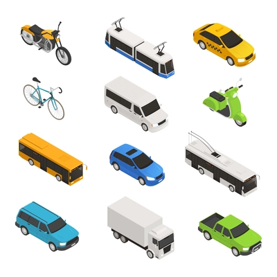 City transport isometric icon set with different isolated taxi bus bike motorcycle trolley bus pickup vector illustration