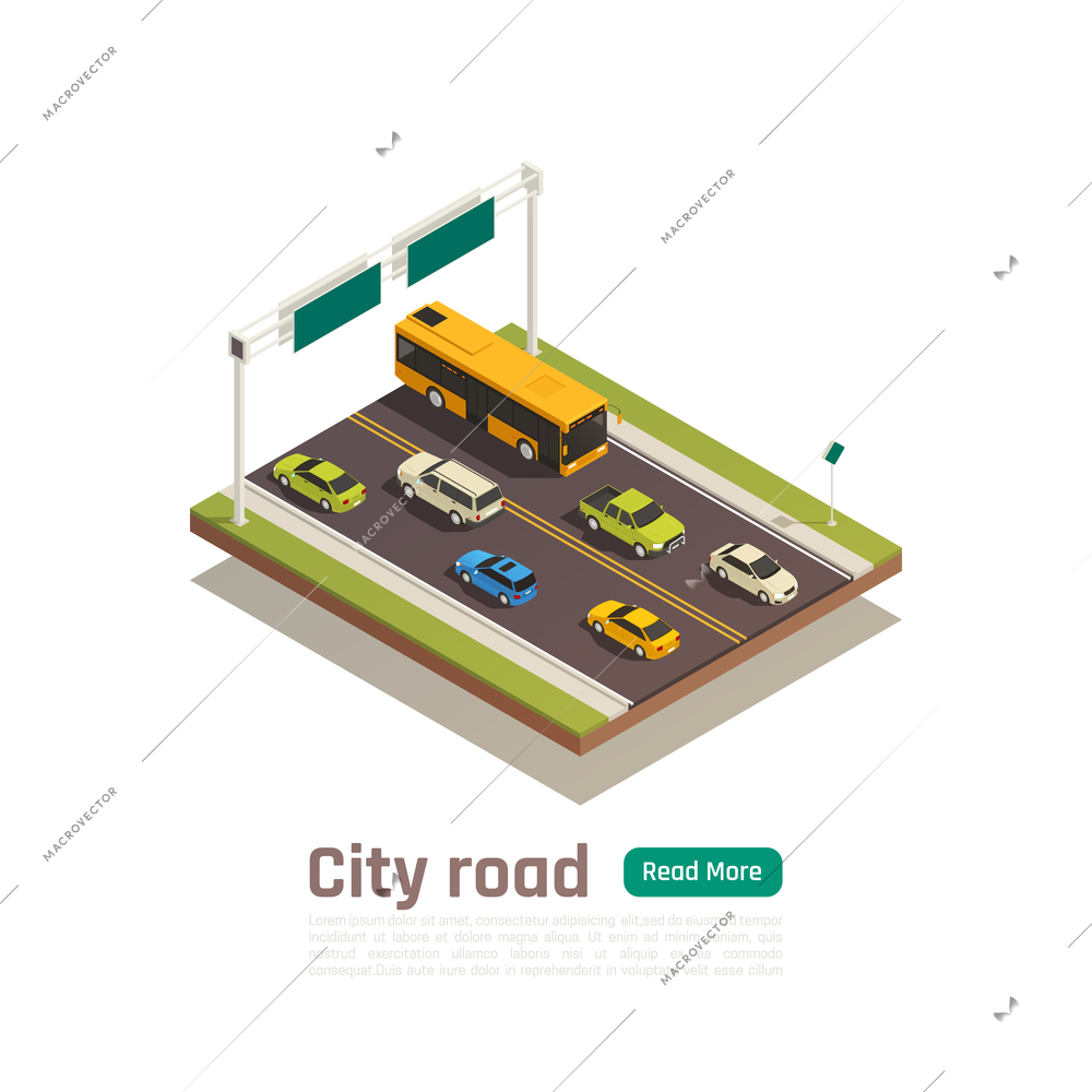 Colored and isometric city composition with city road headline and read more green button vector illustration