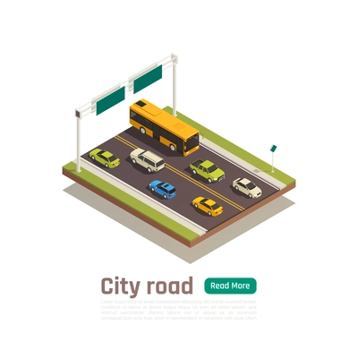 Colored and isometric city composition with city road headline and read more green button vector illustration