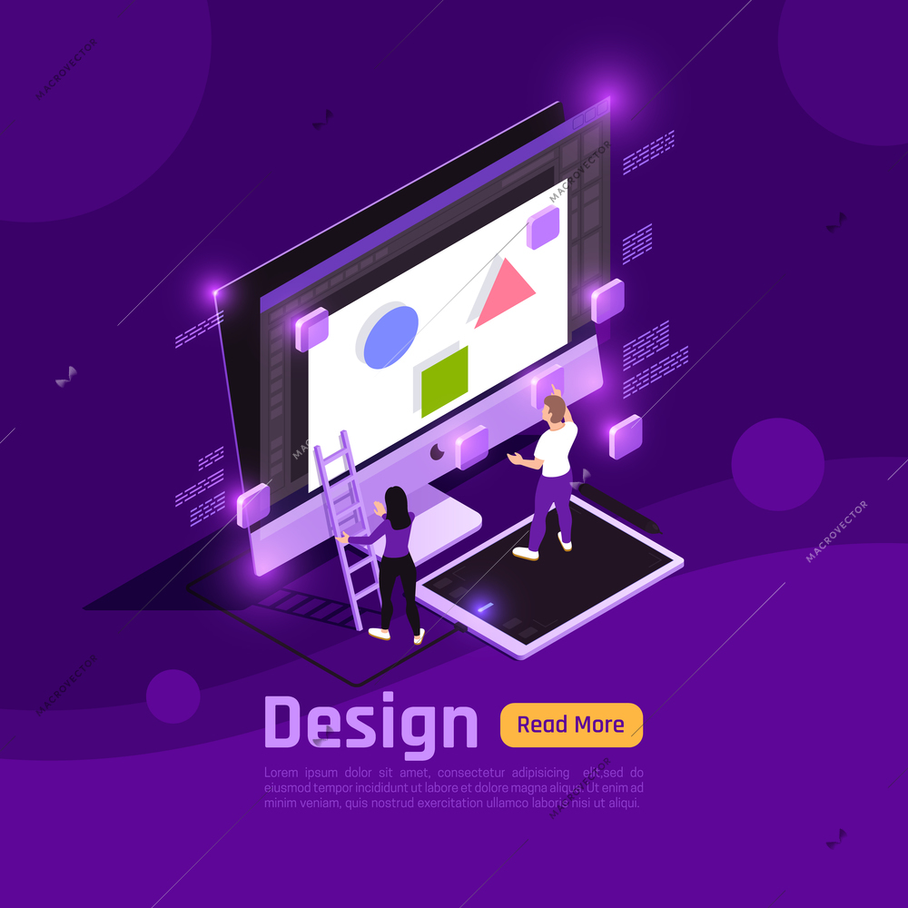 Isometric colored people and interfaces glow concept with design headline and theme vector illustration