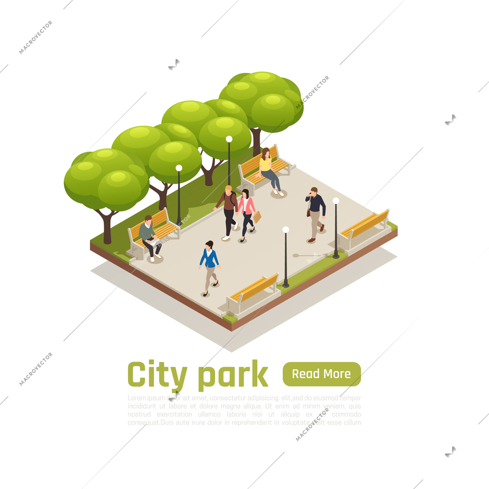 City isometric concept with city park headline read more button and walking peoples vector illustration