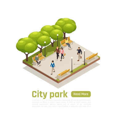 City isometric concept with city park headline read more button and walking peoples vector illustration