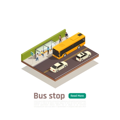 Isometric colored city composition with bus stop headline people sit on the bench vector illustration
