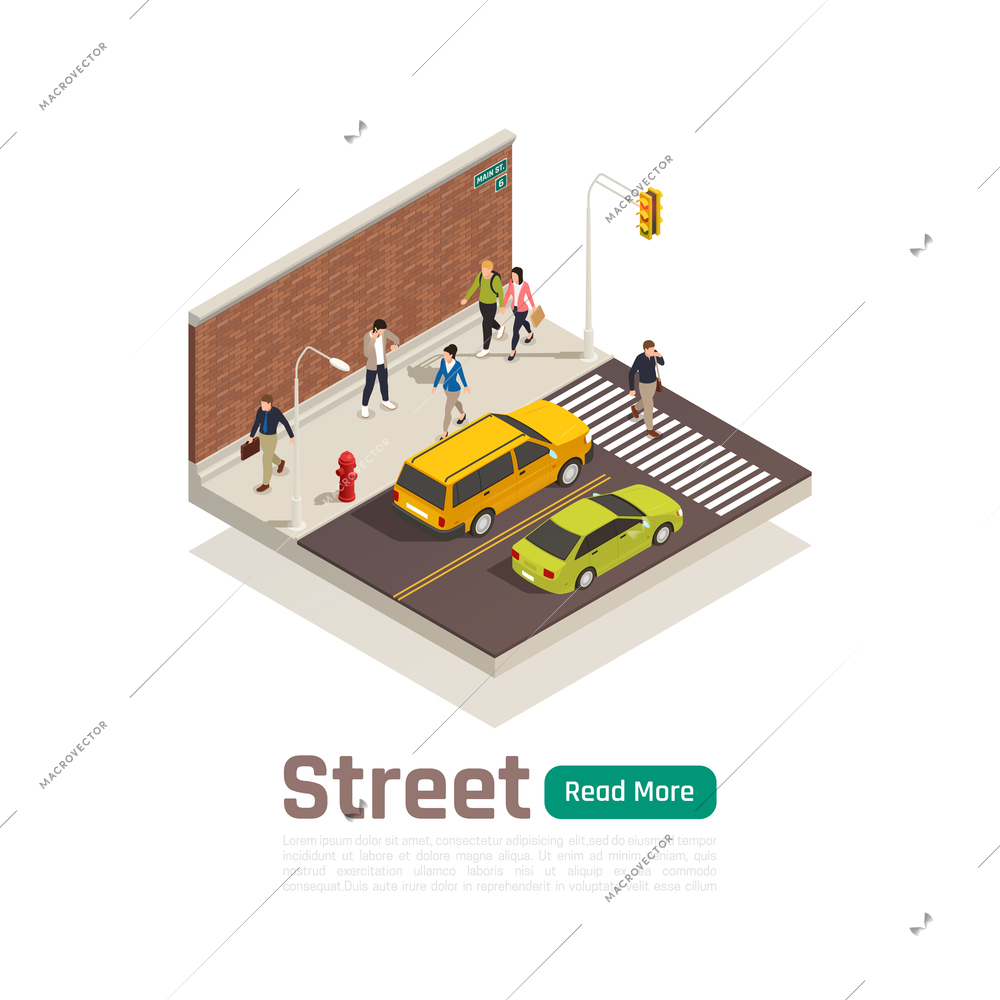 Colored city isometric composition with street headline isolated road traffic and pedestrians vector illustration