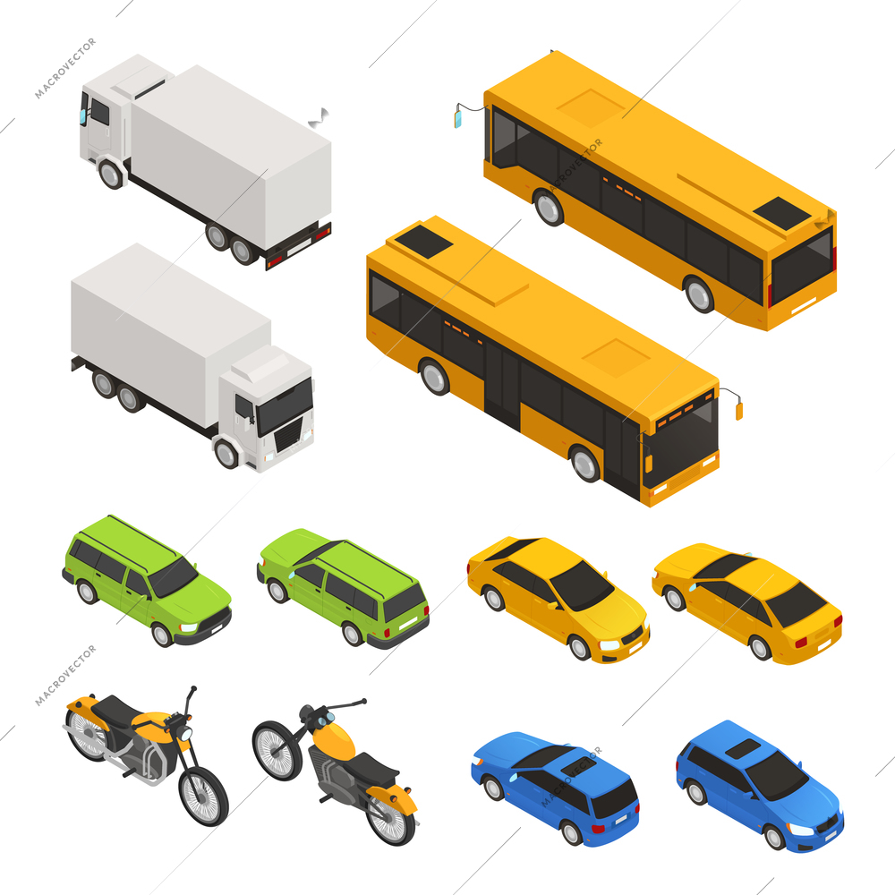 Isometric colored city transport set with different truck bus cars in two sides vector illustration