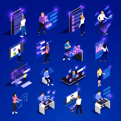 People and interfaces glow isometric icon set with cloud interfaces vr abstract smart elements vector illustration