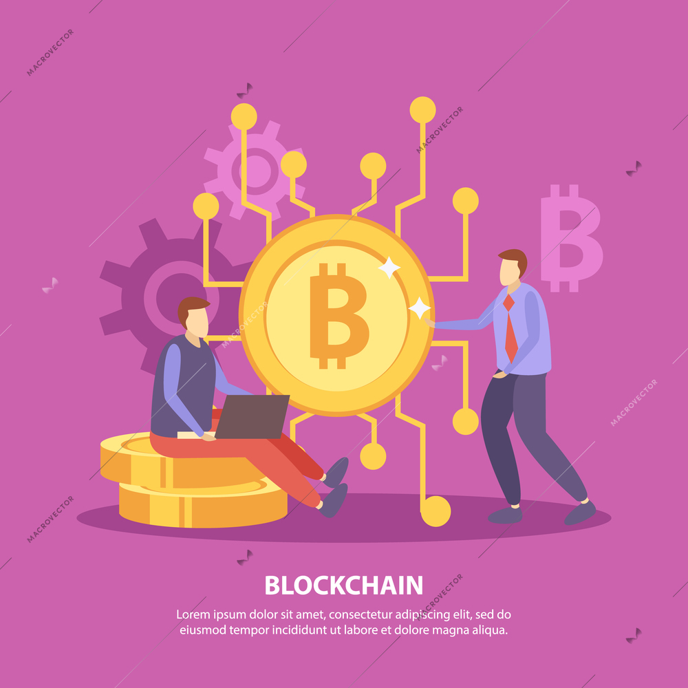 Initial coin offering flat pink background poster with ico bitcoin blockchain crypto currency fundraising symbols vector illustration