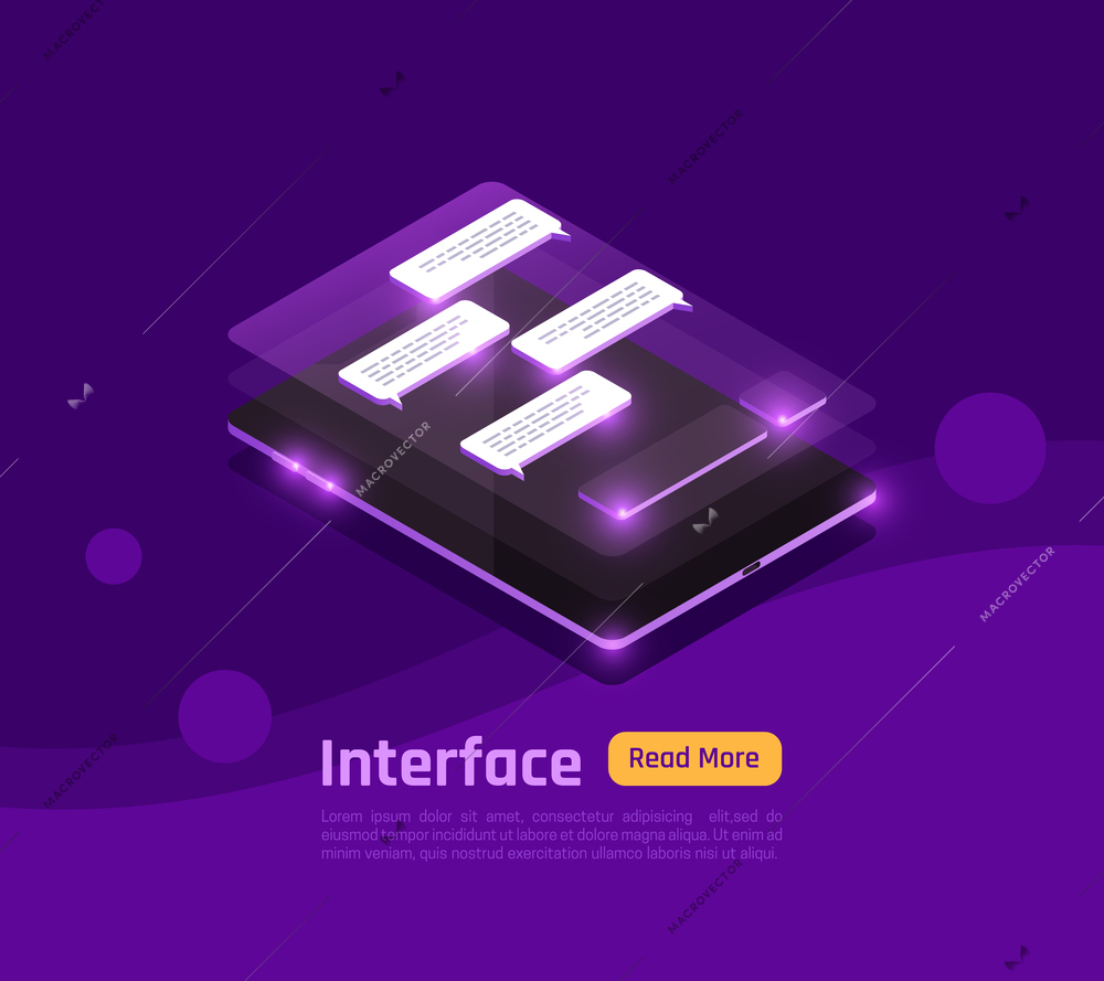 Colored and isometric people and interfaces glow banner with abstract interface on smartphone screen vector illustration