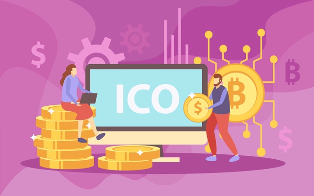 ICO initial coin offering flat composition with crypto currency investors sitting on bitcoins pile symbols vector illustration