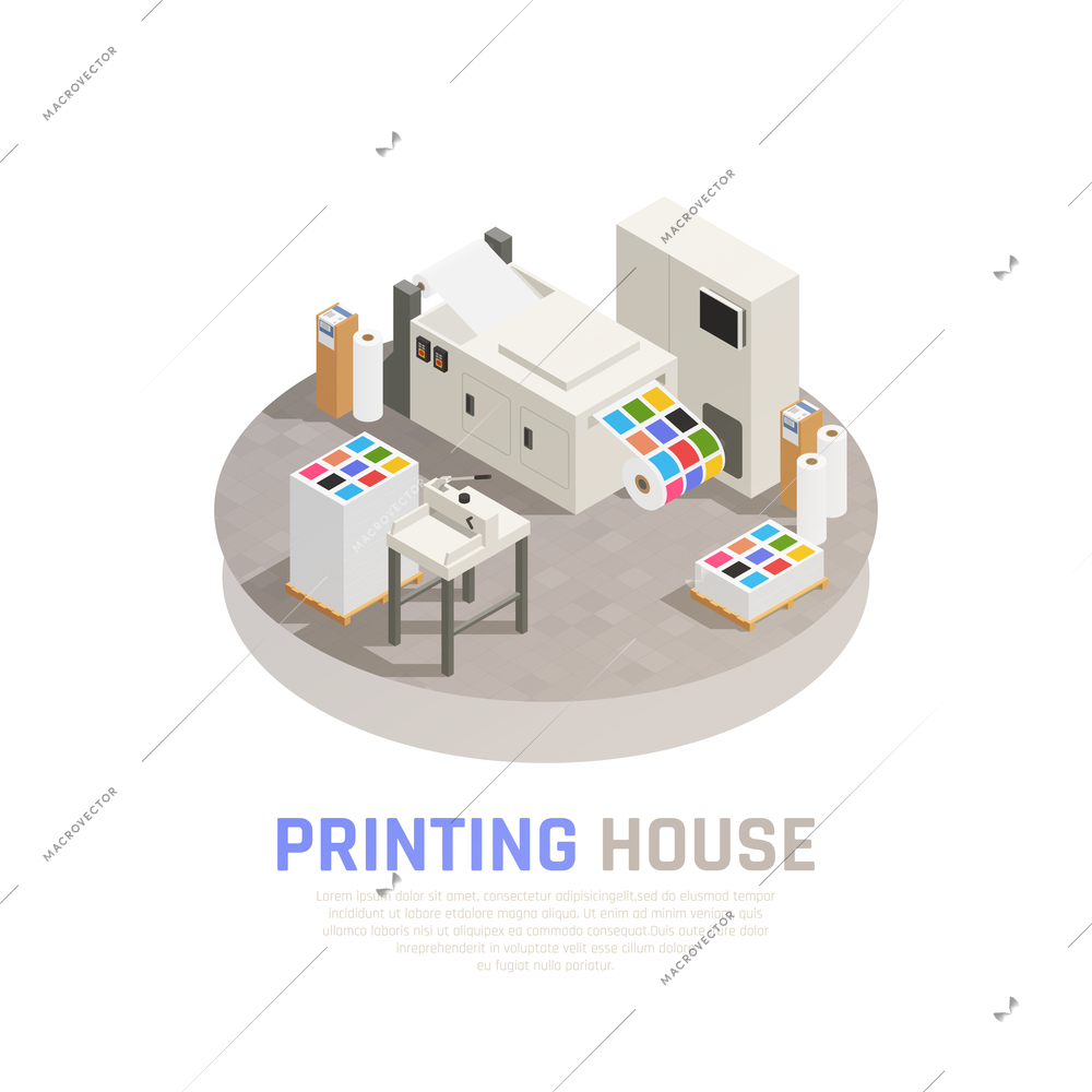 Colored and isolated printing house polygraphy isometric composition with monochrome color printing room vector illustration