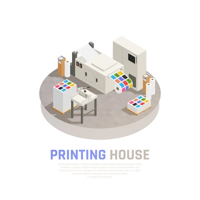 Colored and isolated printing house polygraphy isometric composition with monochrome color printing room vector illustration