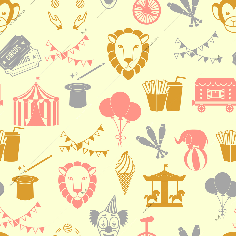 Vintage decorate circus tent with clown magical wand seamless wrap paper pattern in red orange gray color vector illustration