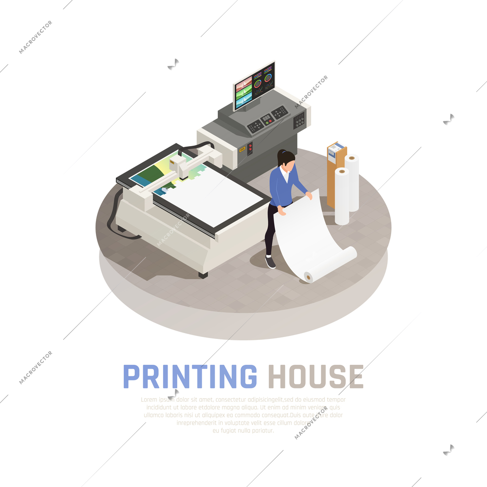 Colored and isometric printing house polygraphy composition with employer of polygraphy office vector illustration