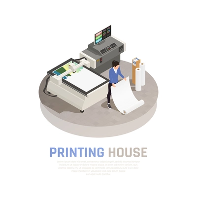 Colored and isometric printing house polygraphy composition with employer of polygraphy office vector illustration