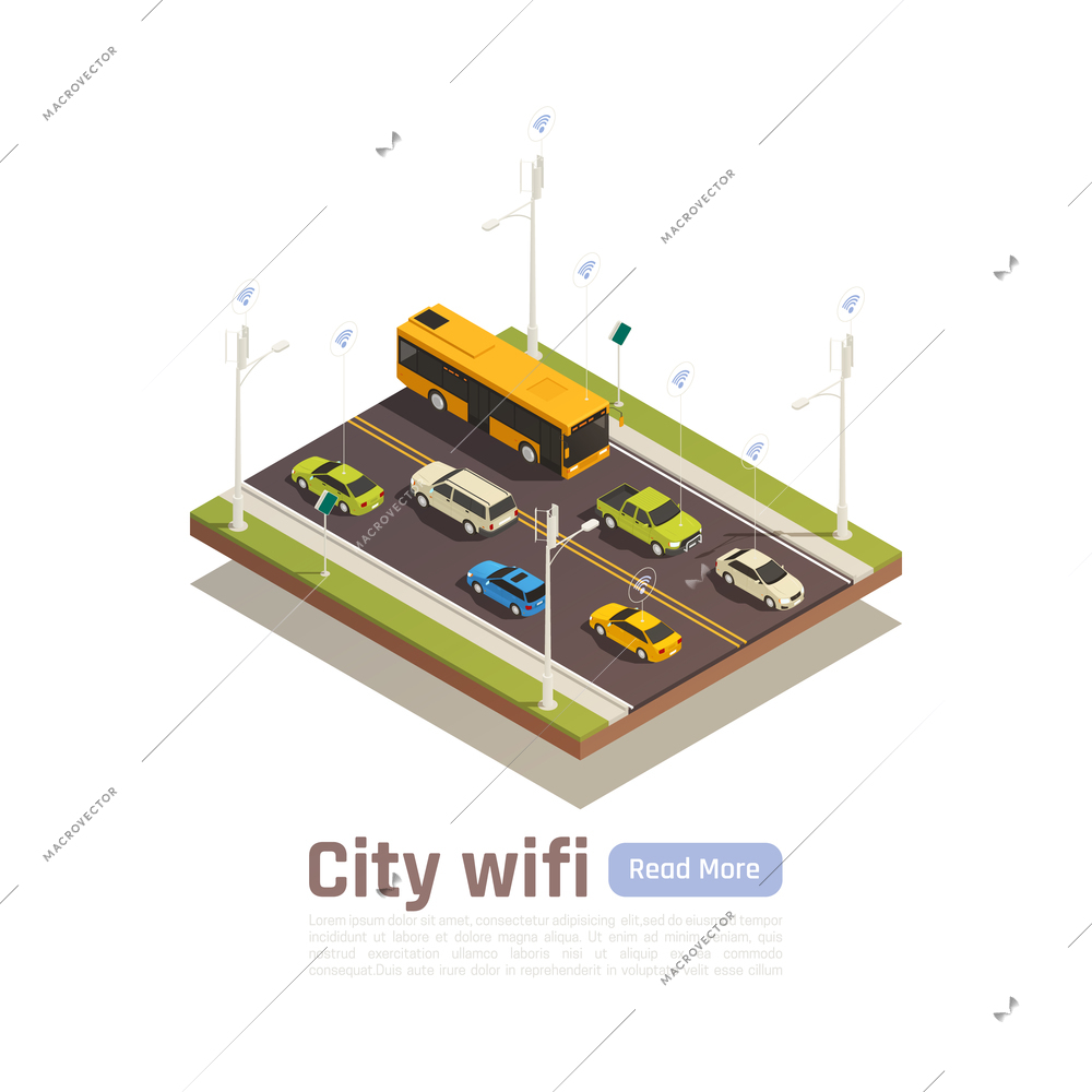 Smart city isometric banner with city wi fi description and read more button vector illustration