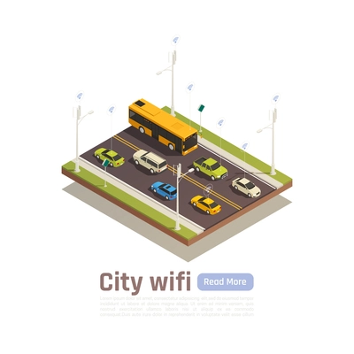 Smart city isometric banner with city wi fi description and read more button vector illustration