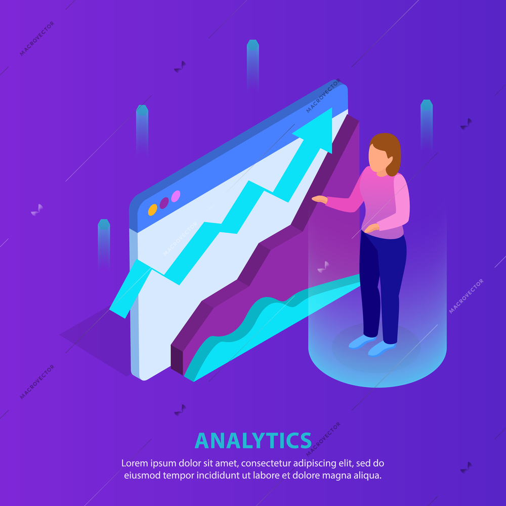 Business analytics application glow isometric background with virtual expert analyzing profitable trends 3d data flow diagram vector illustration