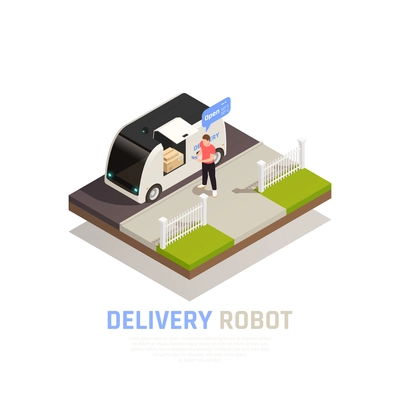 Colored and isometric smart city composition with delivery robot headline and food trailer vector illustration