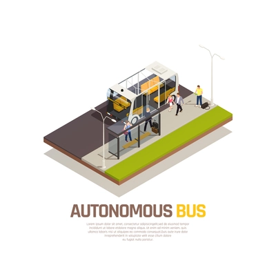 Autonomous car driverless vehicle robotic transport isometric composition with autonomus bus description vector illustration