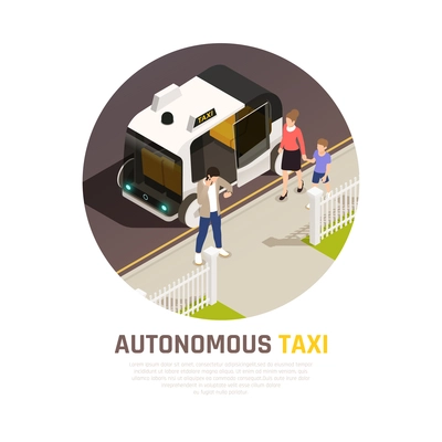 Autonomous car driverless vehicle robotic transport isometric banner with autonomous taxi description vector illustration