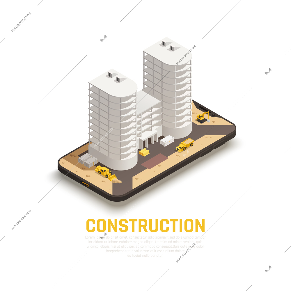 Colored isolated and isometric construction composition with construction of building and tractors work vector illustration