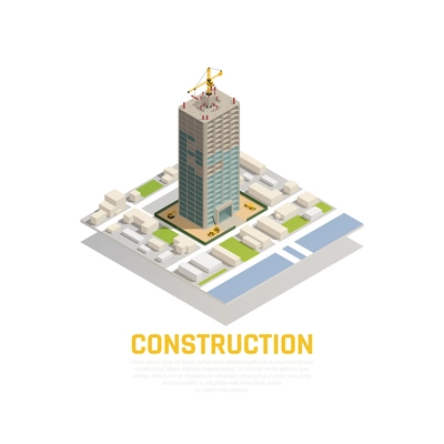 Colored isometric construction composition with construction of tower in the city center vector illustration