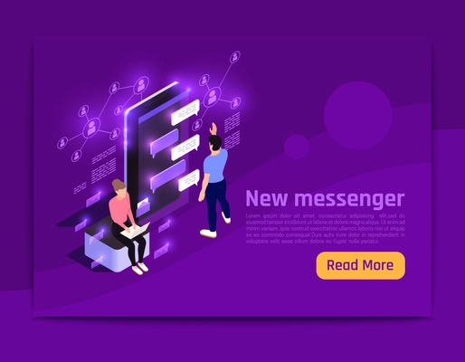 People and interfaces glow isometric banner with new messenger headline and read more button vector illustration