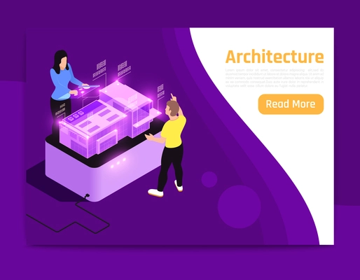 People and interfaces glow isometric composition architecture description with two people on work vector illustration