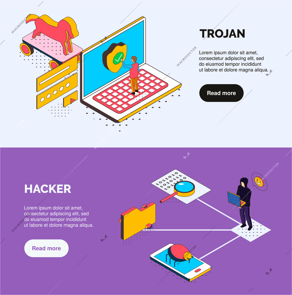 Isometric cyber security horiznotal banners with trojan and hacker icons human characters bugs and clickable buttons vector illustration