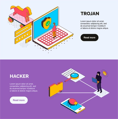 Isometric cyber security horiznotal banners with trojan and hacker icons human characters bugs and clickable buttons vector illustration