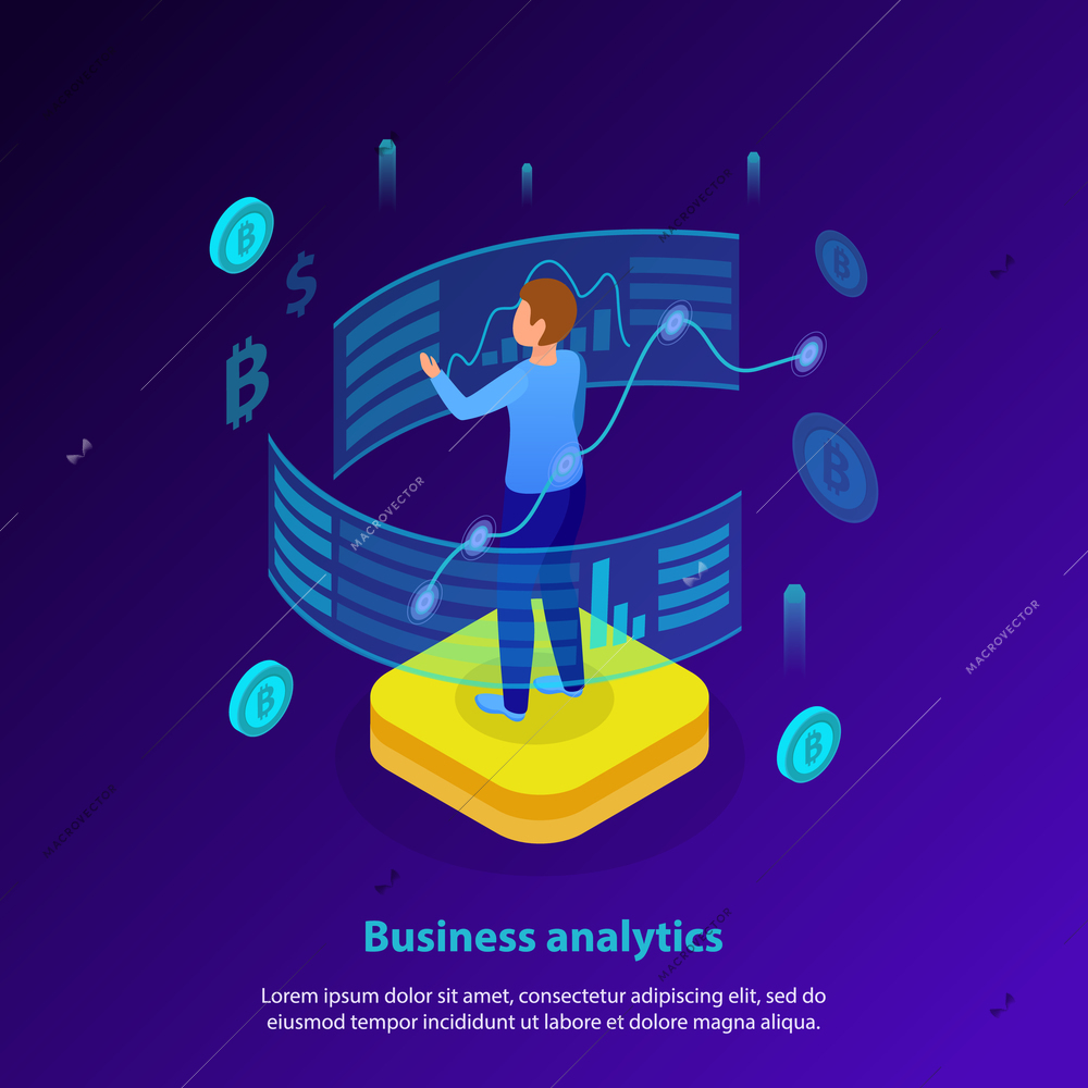 Business analytics glow isometric background poster with interactive data organization and analysis finance currency symbols vector illustration