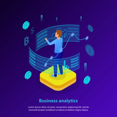 Business analytics glow isometric background poster with interactive data organization and analysis finance currency symbols vector illustration