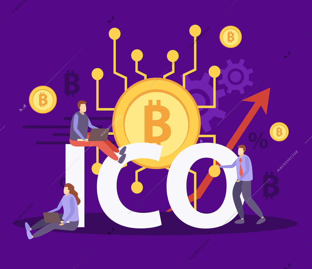 Initial coin currency offering flat colorful composition with ico bitcoin blockchain crypto community fundraising symbols vector illustration