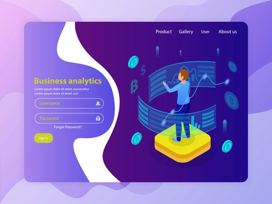 Business intelligence advanced analytics online service marketing isometric composition glow landing web page login design vector illustration