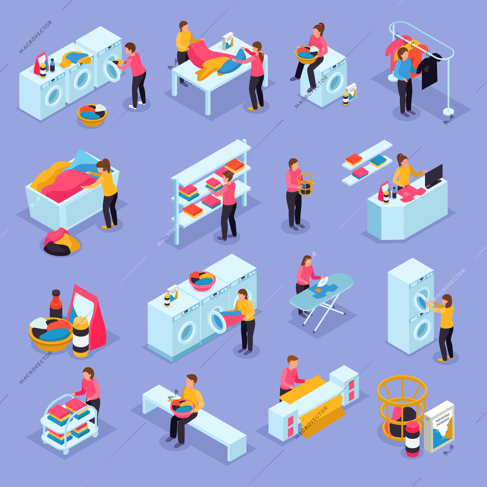 Coin laundry self service room customers equipment process isometric icons set with washing machines dryers vector illustration