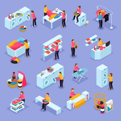 Coin laundry self service room customers equipment process isometric icons set with washing machines dryers vector illustration