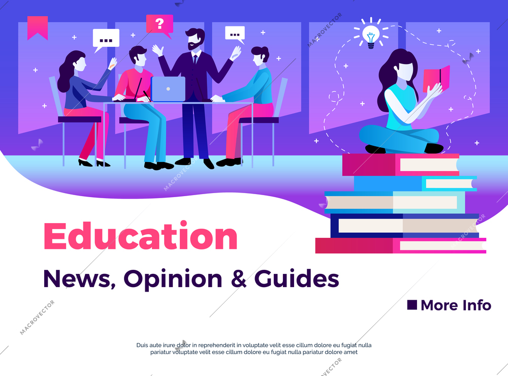 Education page design with news opinion and guides symbols flat vector illustration