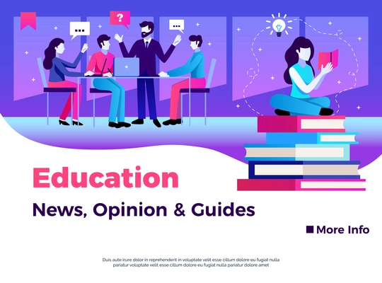 Education page design with news opinion and guides symbols flat vector illustration