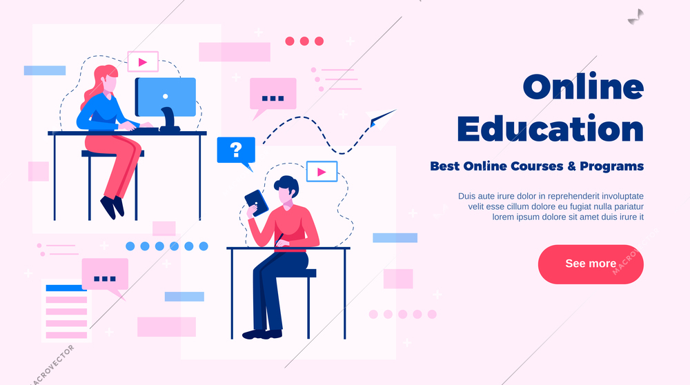 Online education website page design with online courses and programs  symbols flat vector illustration