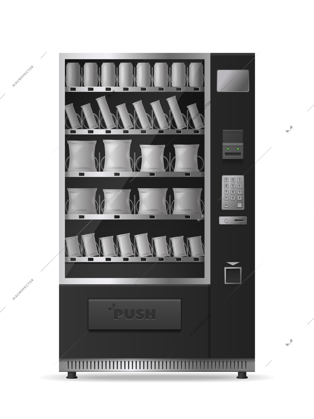 Snacks vending machine realistic mockup with electronic control panel isolated on white background monochrome vector illustration