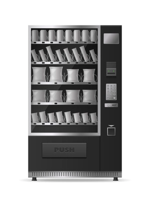 Snacks vending machine realistic mockup with electronic control panel isolated on white background monochrome vector illustration