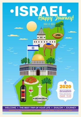 Israel travel poster with map and sights symbols flat vector illustration