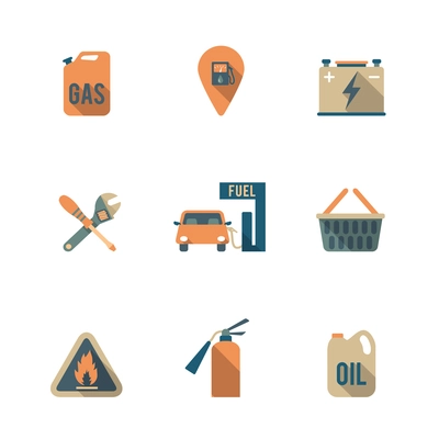 Gas fueling pump electric car charging station mechanic repair service icons set flat isolated abstract vector illustration