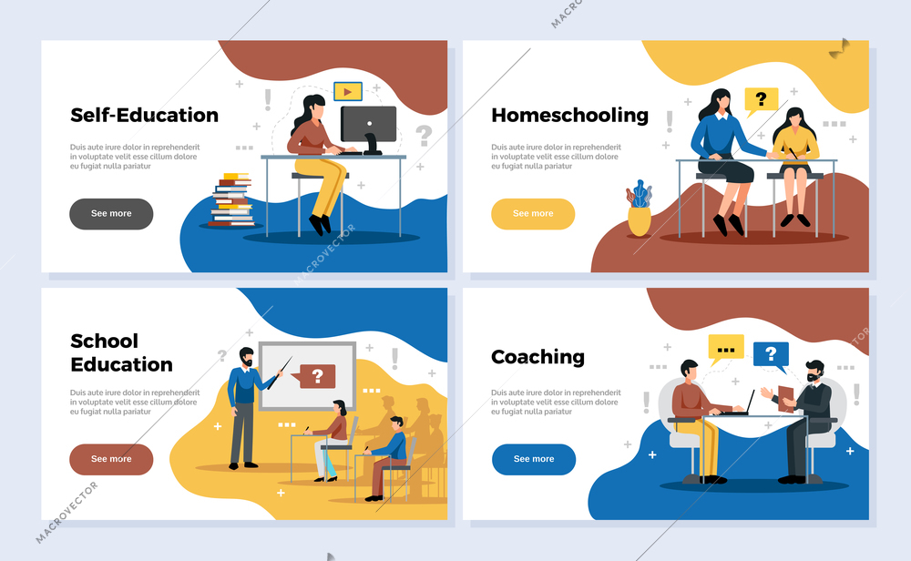 Education horizontal banners set with school education and coaching symbols flat isolated vector illustration