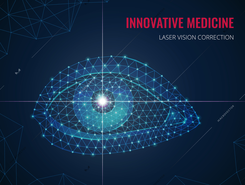 Innovative medicine background with human eye image in wireframe polygonal style and advertising of laser vision correction vector illustration