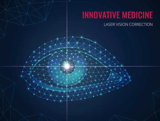 Innovative medicine background with human eye image in wireframe polygonal style and advertising of laser vision correction vector illustration